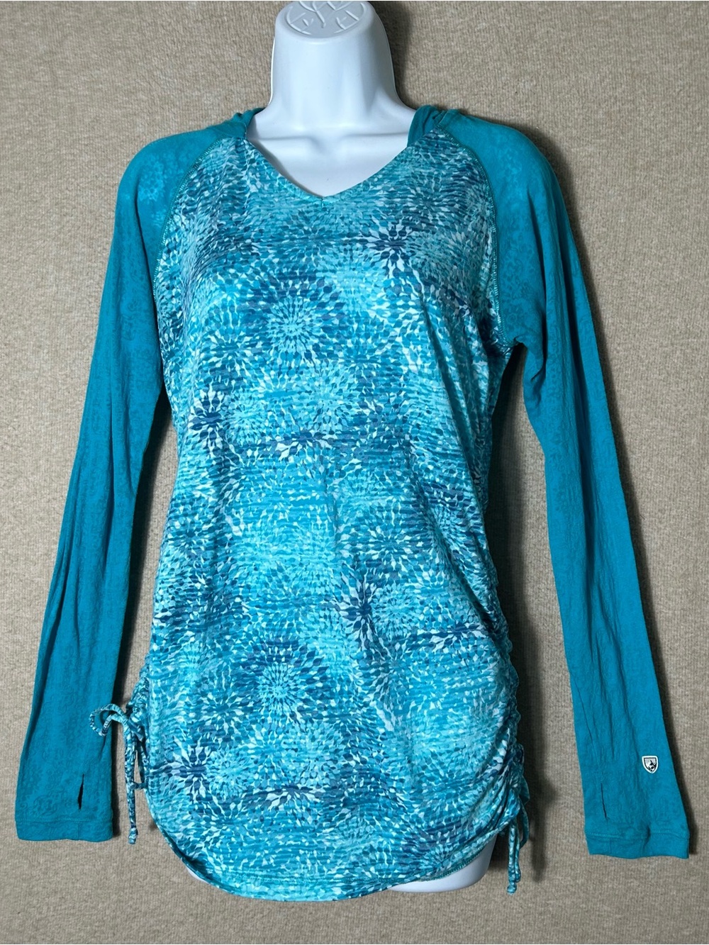Kuhl‎ Burnout Hoodie Top Womens Medium Ruched Tie Sides Long Sleeve Performance